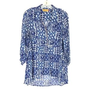 Benares long sleeve blue white patchwork tunic top Size Small